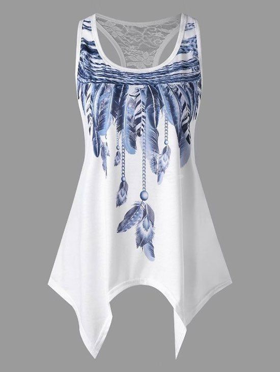 

Plus Size Lace Racerback Feather Print Tunic, Ocean blue