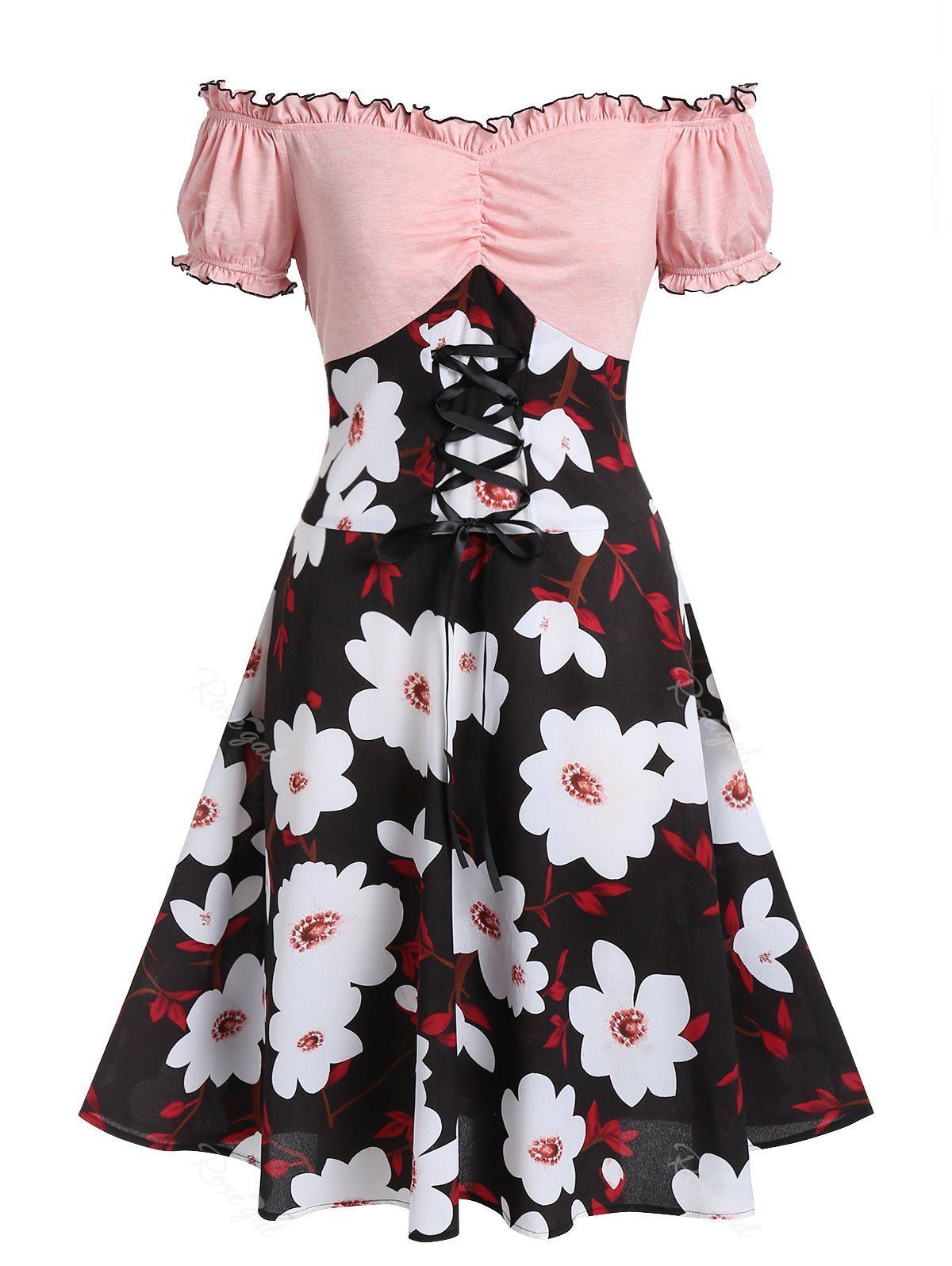 

Plus Size Contrast Color Floral Off Shoulder Dress, Pig pink