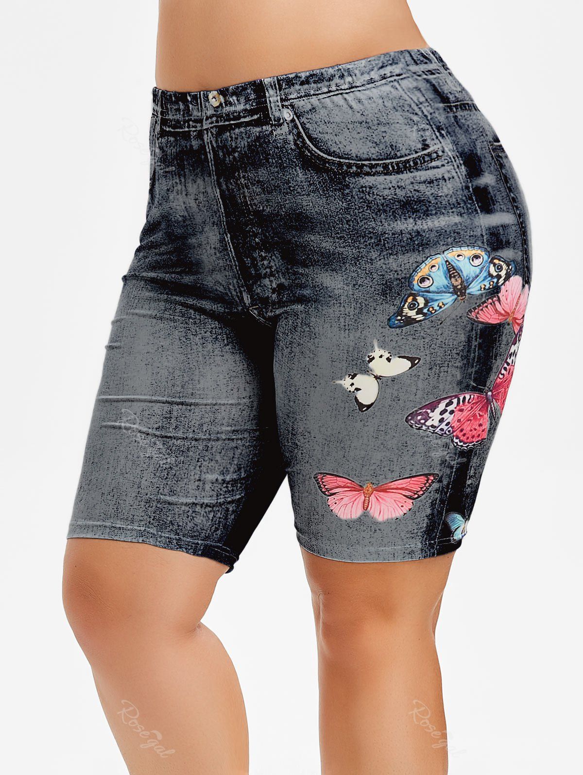 

Plus Size Butterfly Jean 3D Print Shorts, Black