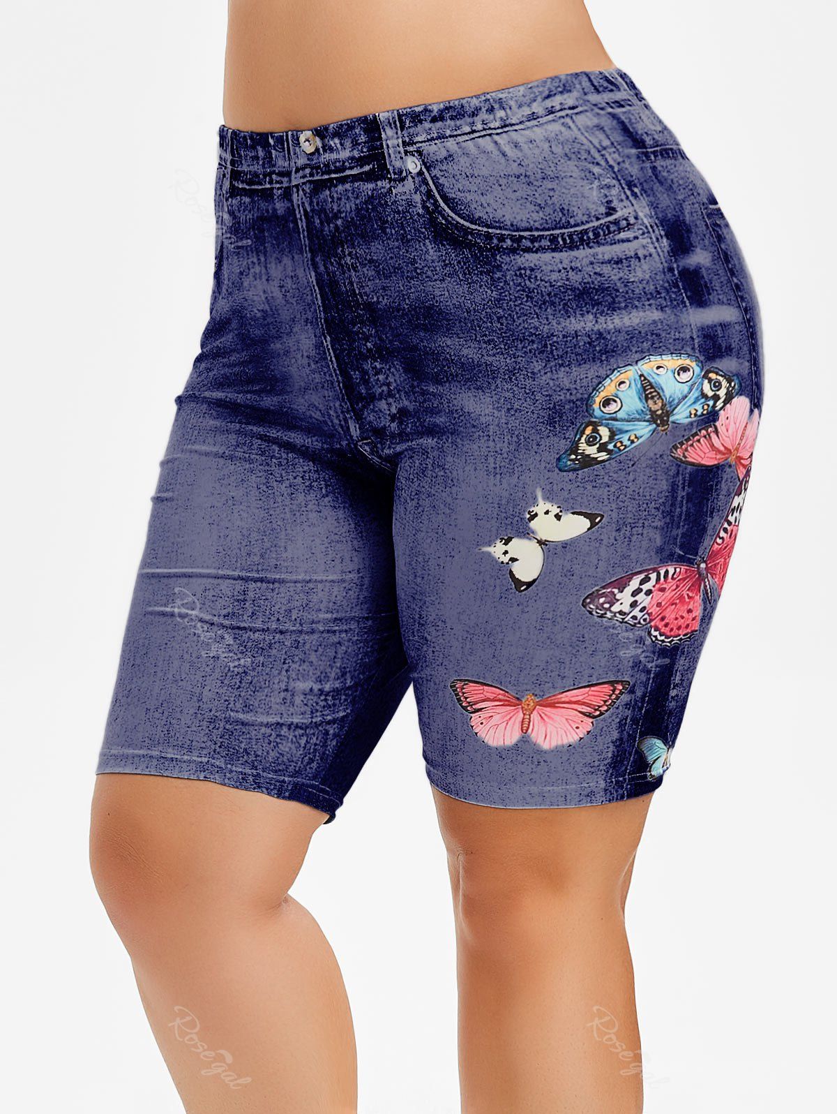 

Plus Size Butterfly Jean 3D Print Shorts, Denim dark blue