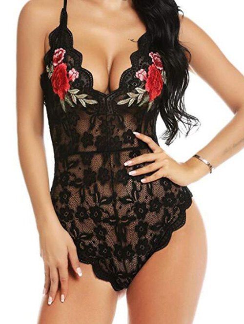 

Floral Applique Lace Crisscross Teddy, Black