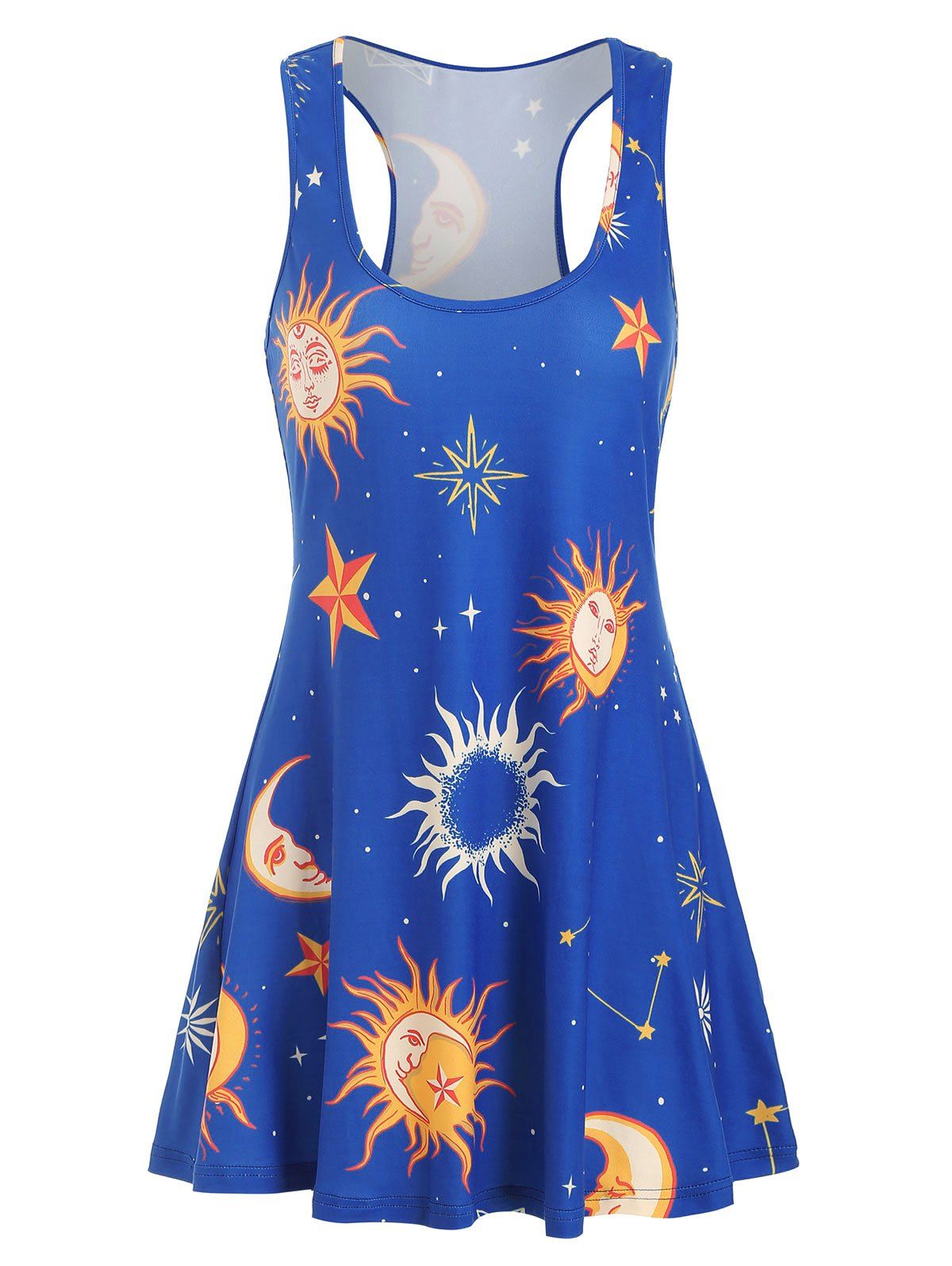 

Sun and Moon Print Sleeveless Racerback Dress, Ocean blue