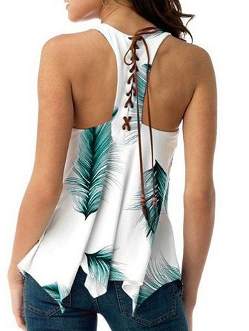 

U Neck Feather Print Lace Up Tank Top, Dark turquoise