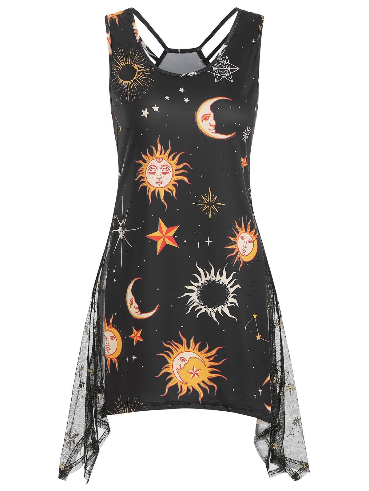 

Sun and Moon Lattice Embroidered Tank Top, Multi
