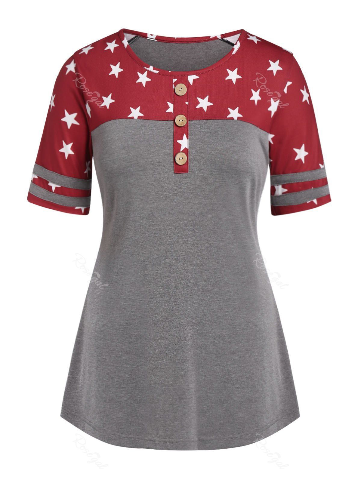 

Plus Size Star Print Button T Shirt, Gray