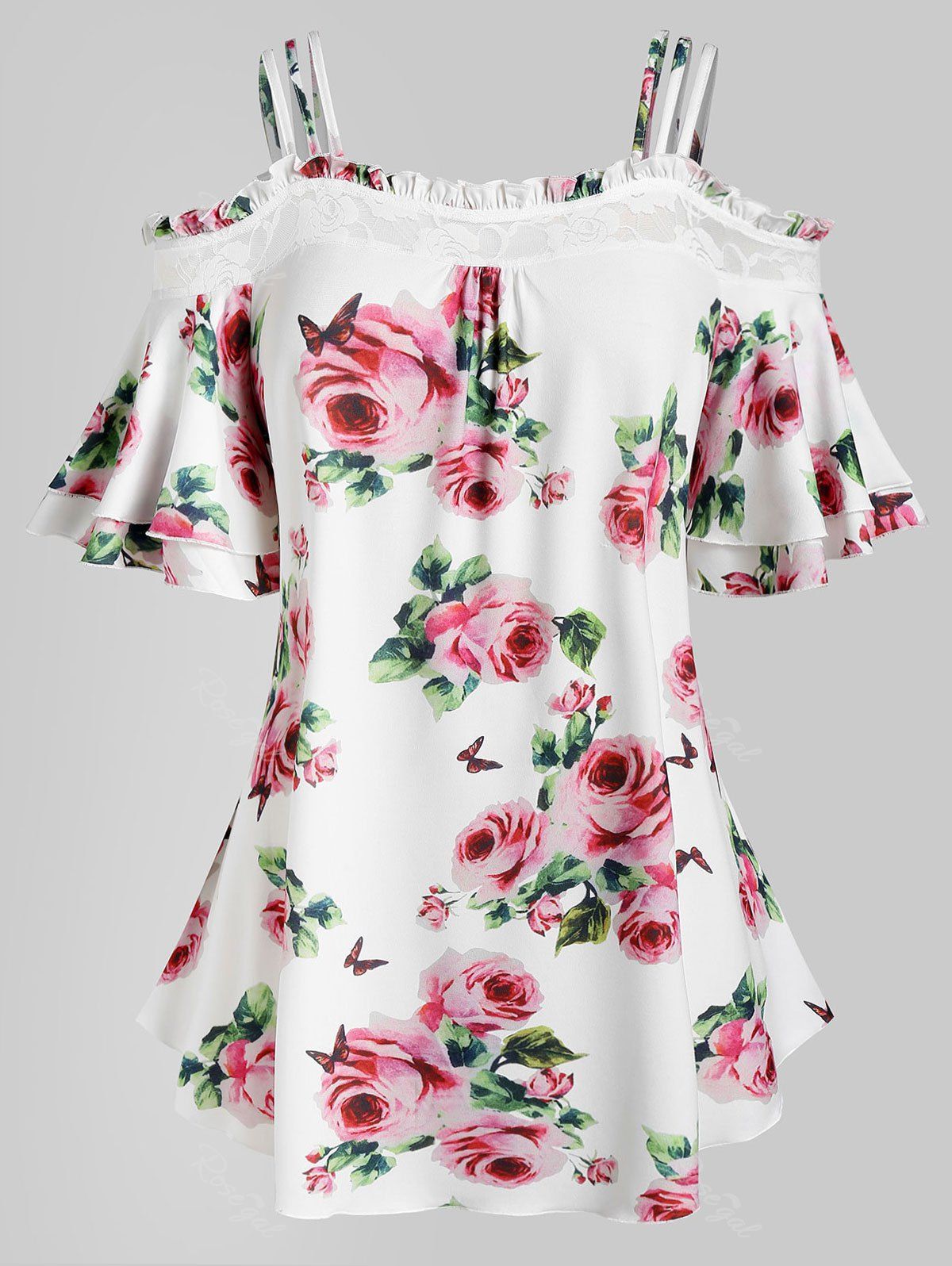 

Plus Size Floral Open Shoulder Blouse, White