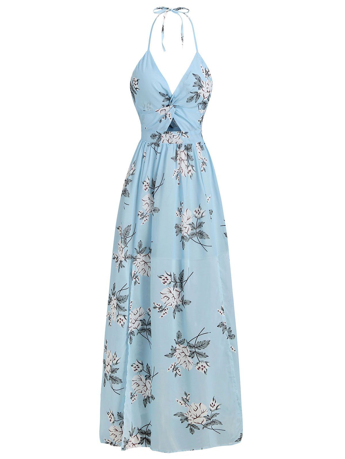 

Floral Print Twisted Knotted Back Maxi Dress, Light blue