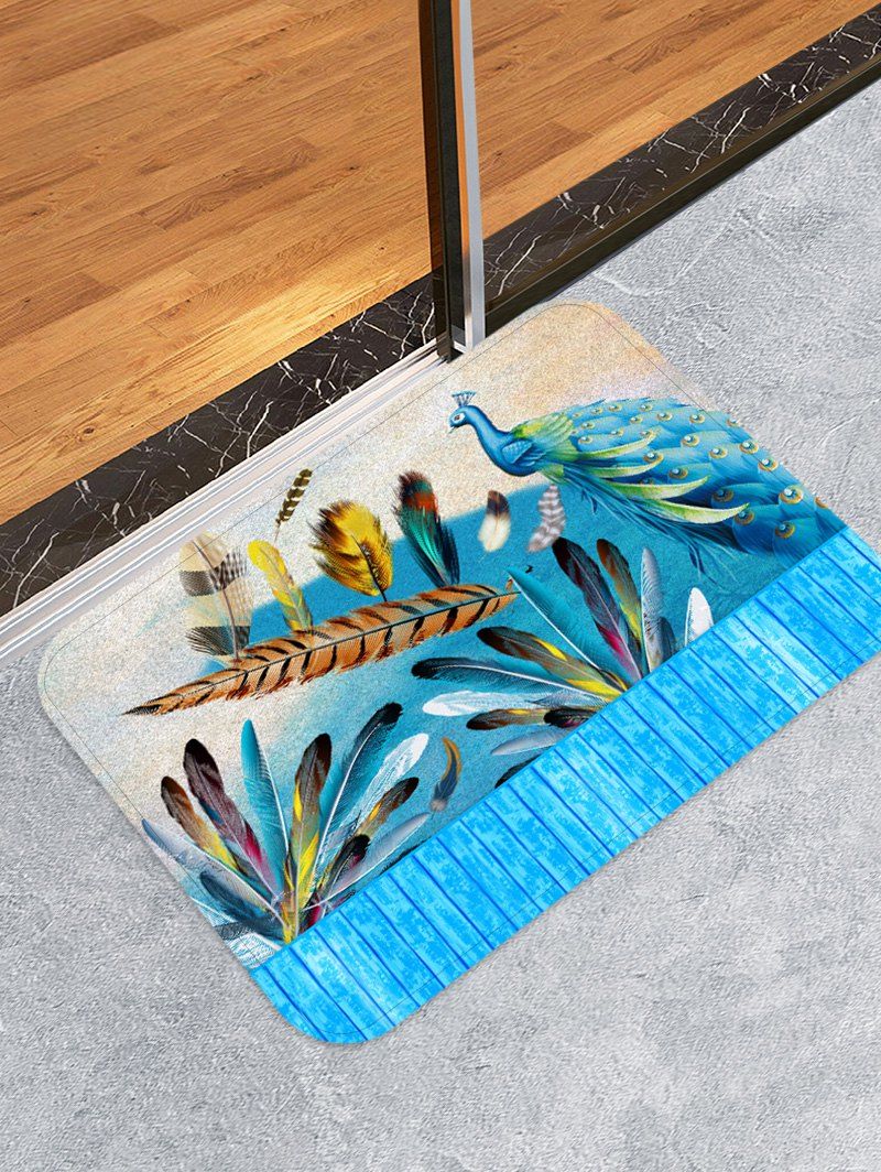 

Peacock Feather Wooden Printed Design Floor Mat, Dodger blue