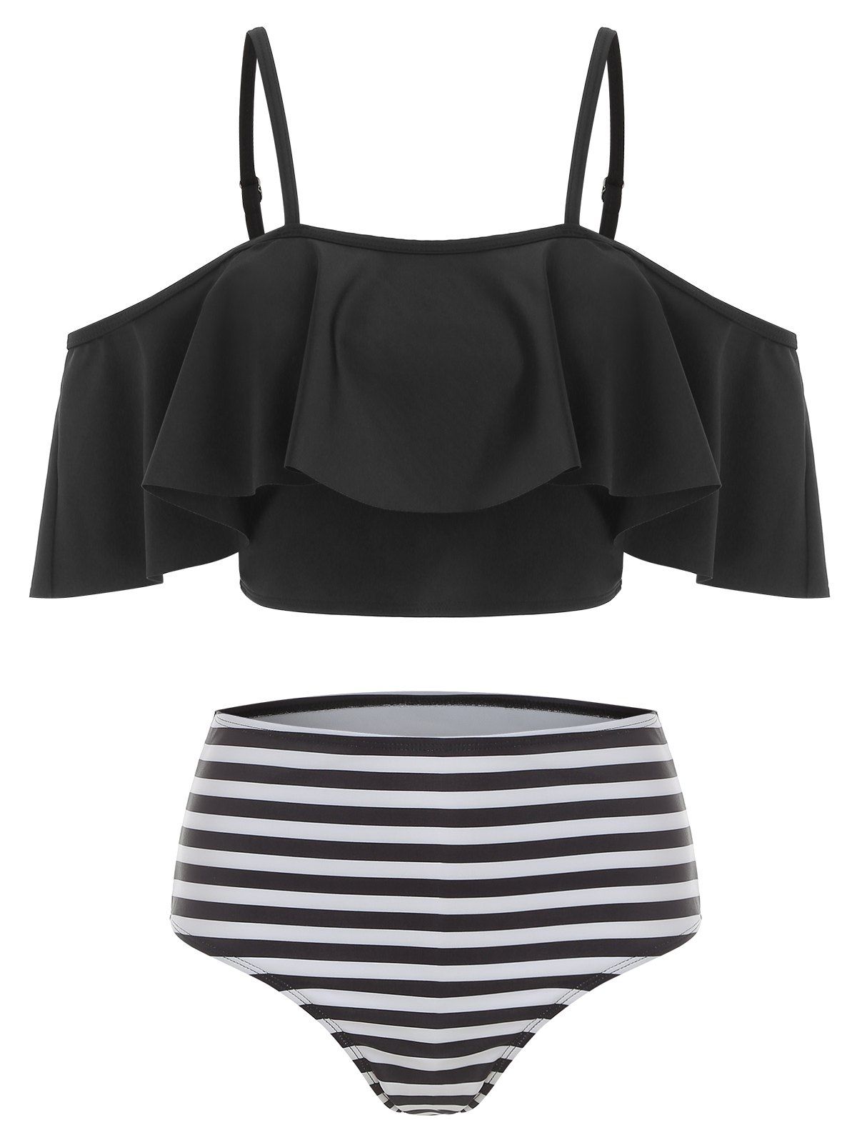 

Striped Overlay Cami Tankini Swimsuit, Black