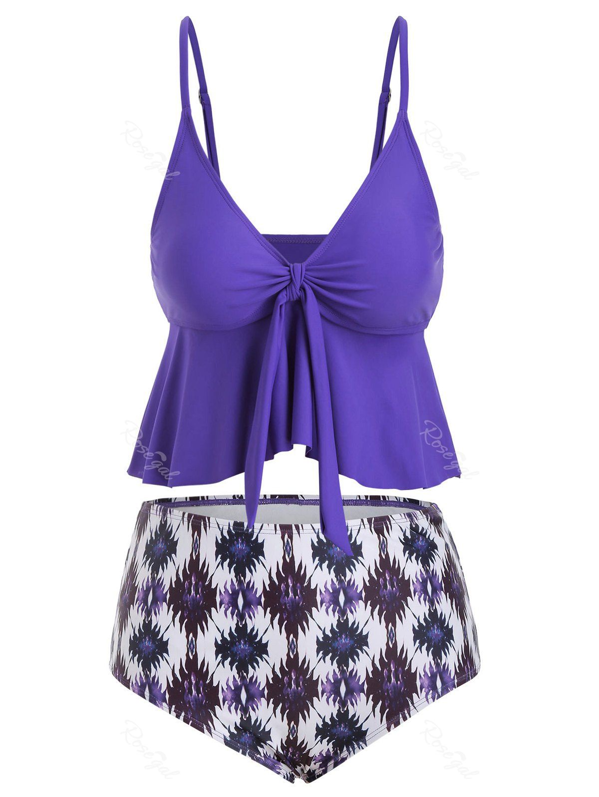

Plus Size Knot Flounce Printed Bikini Swimsuit, Purple amethyst