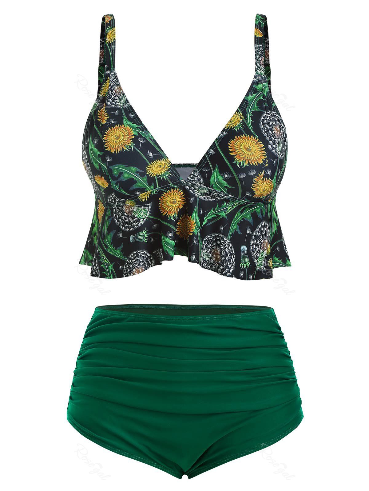 

Plus Size Dandelion Print Flounce Ruched Bikini Swimsuit, Deep green