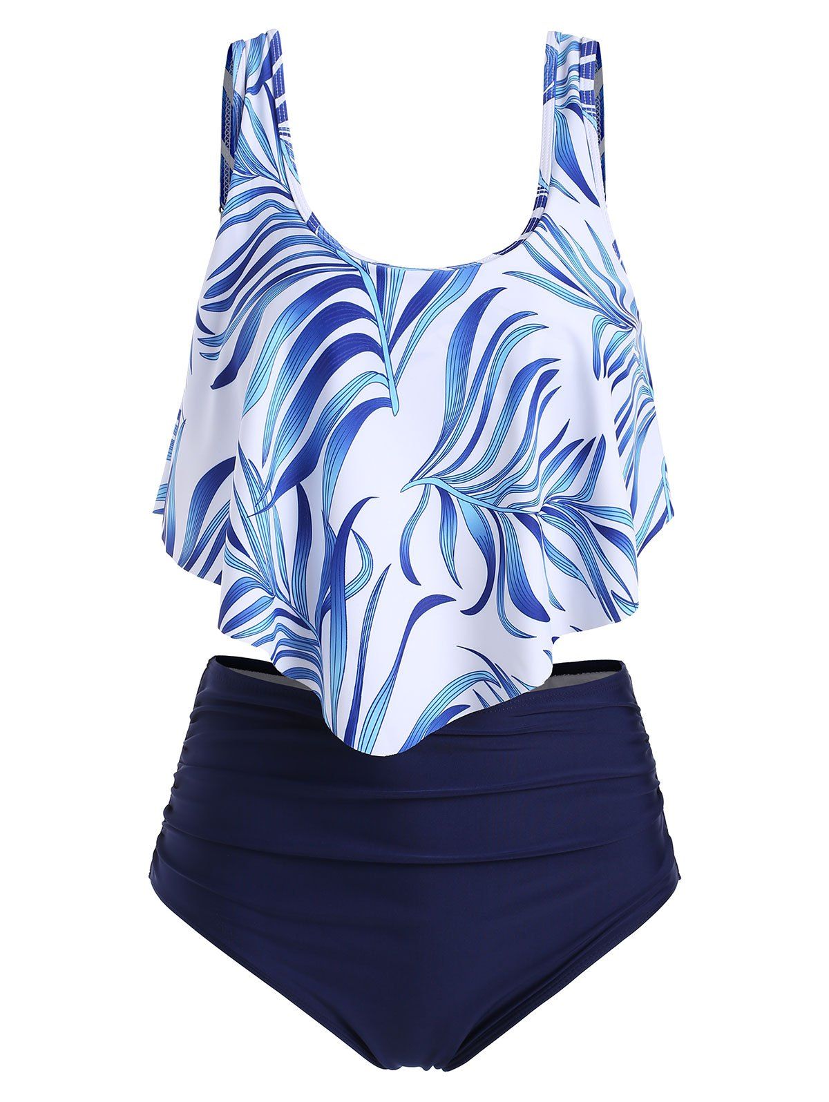 

Leaf Print Flounce High Waisted Tankini Swimsuit, Cobalt blue