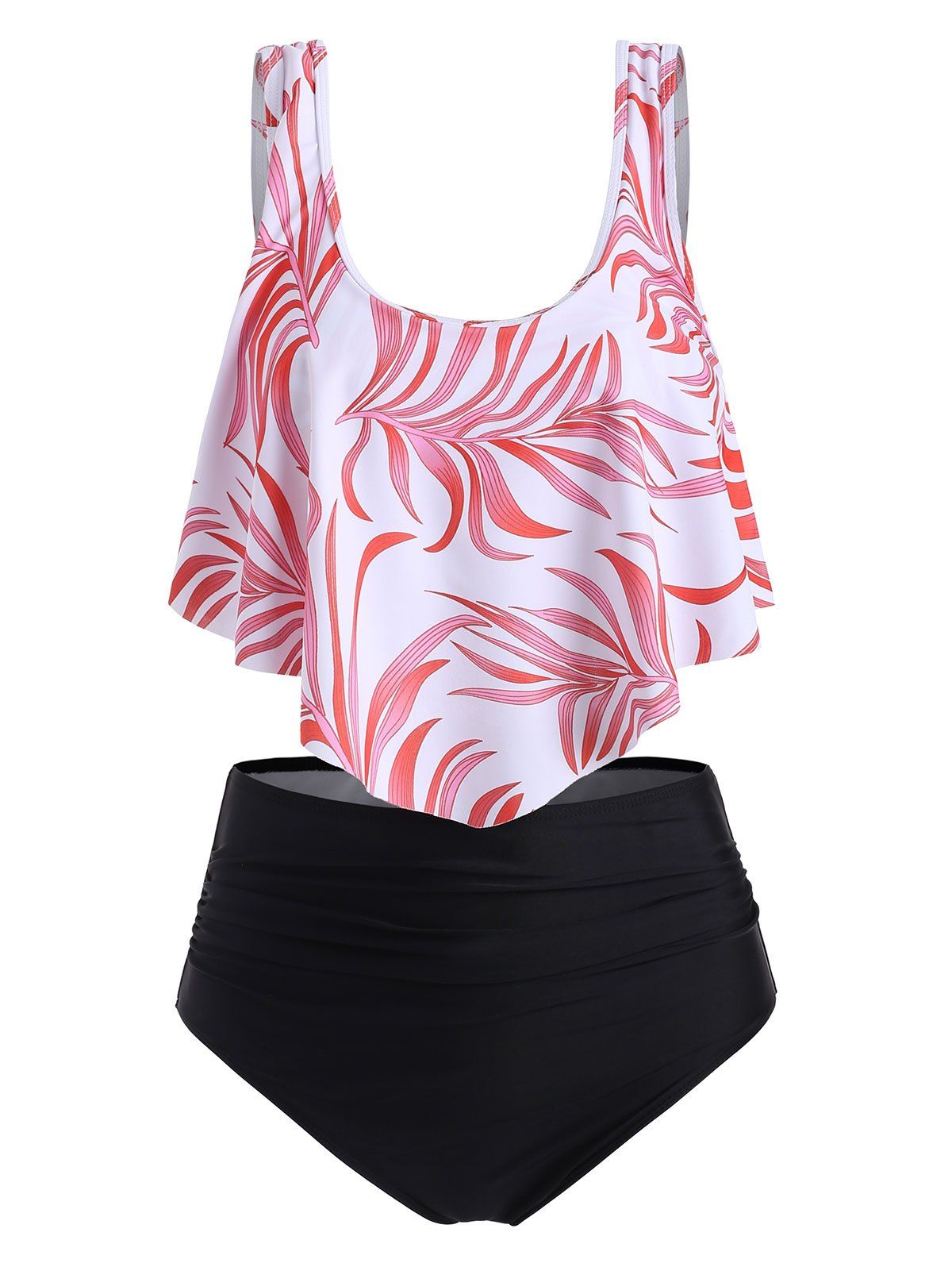 

Leaf Print Flounce High Waisted Tankini Swimsuit, Red