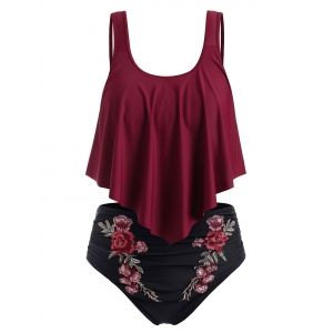 

Plus Size Embroidered Ruffled Bikini Swimsuit, Red wine