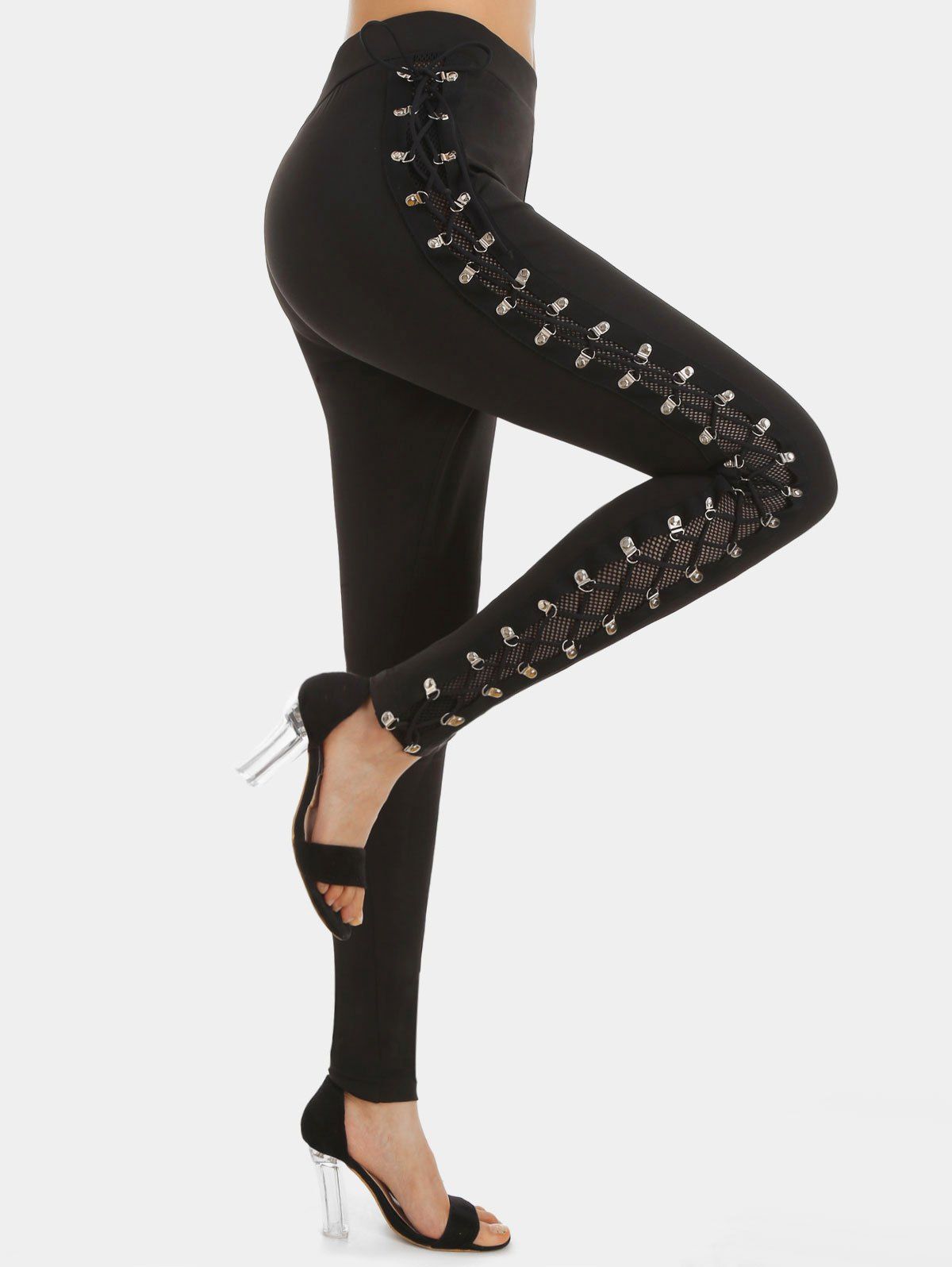 

Lace Up Fishnet Panel Skinny Pants, Black