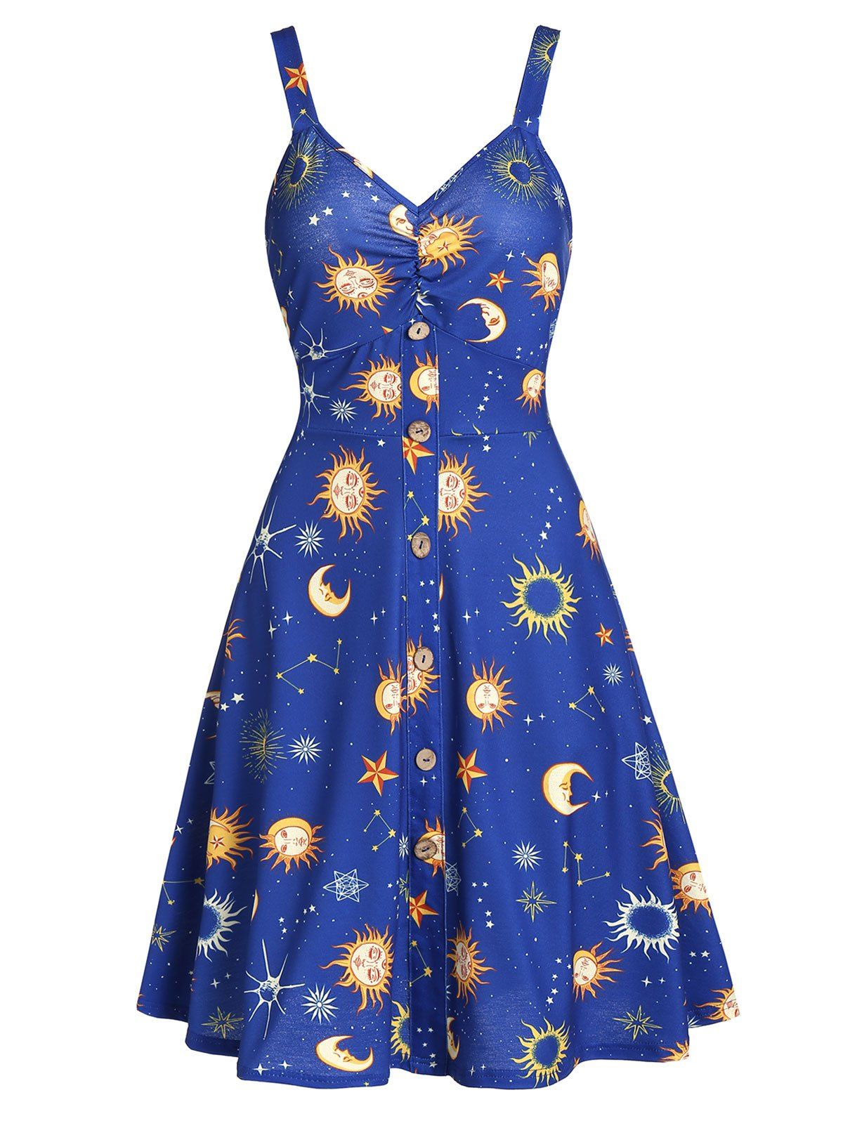 

Button Front Moon and Star A Line Dress, Cobalt blue