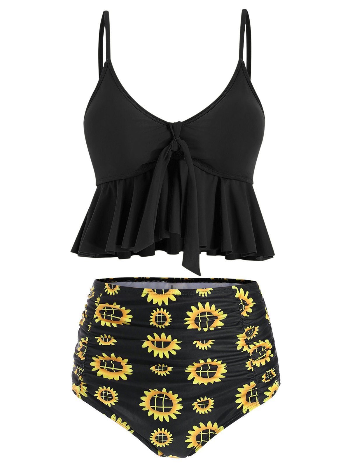 

Floral Print Ruched Ruffles Tankini Set, Black