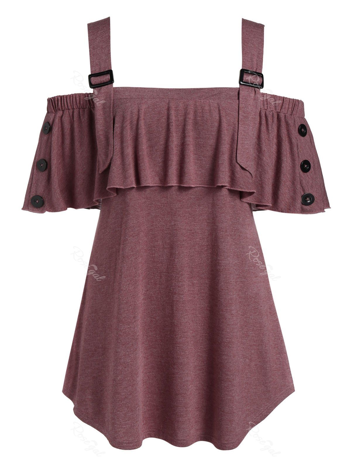 

Plus Size Open Shoulder Flounce T Shirt, Red wine