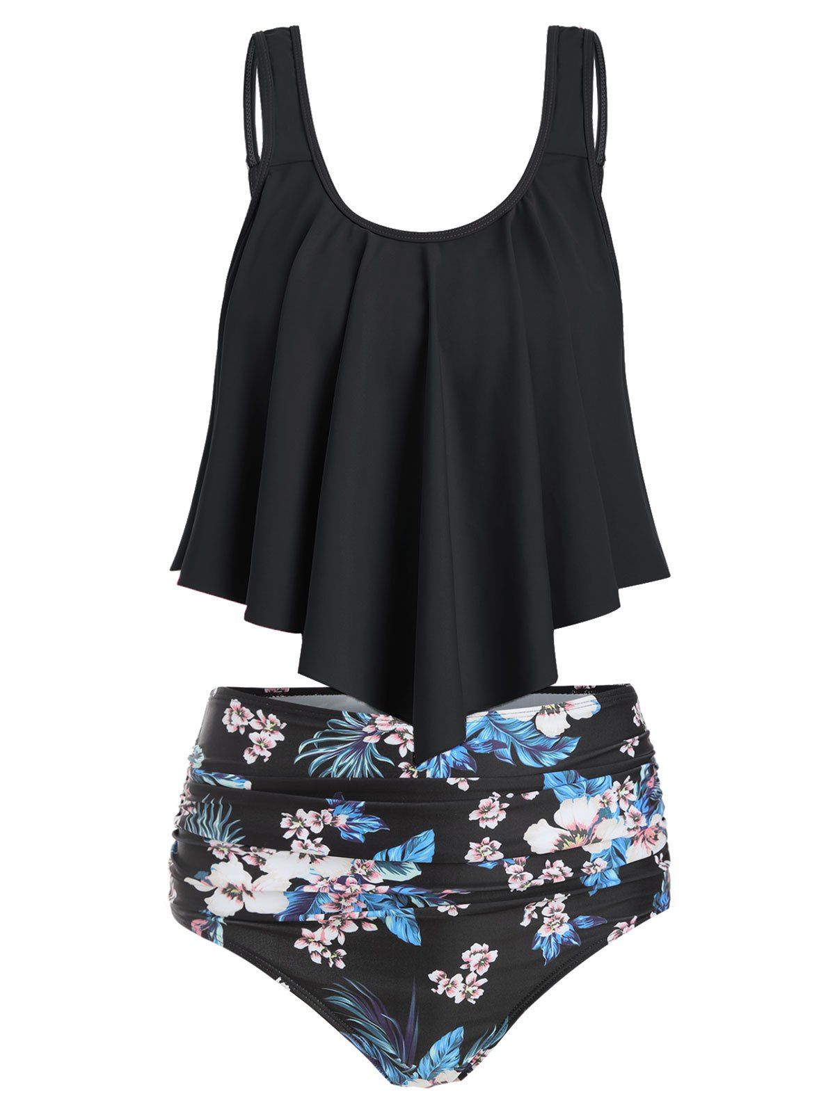 

Plant Print Ruched Flounce Tankini Set, Black