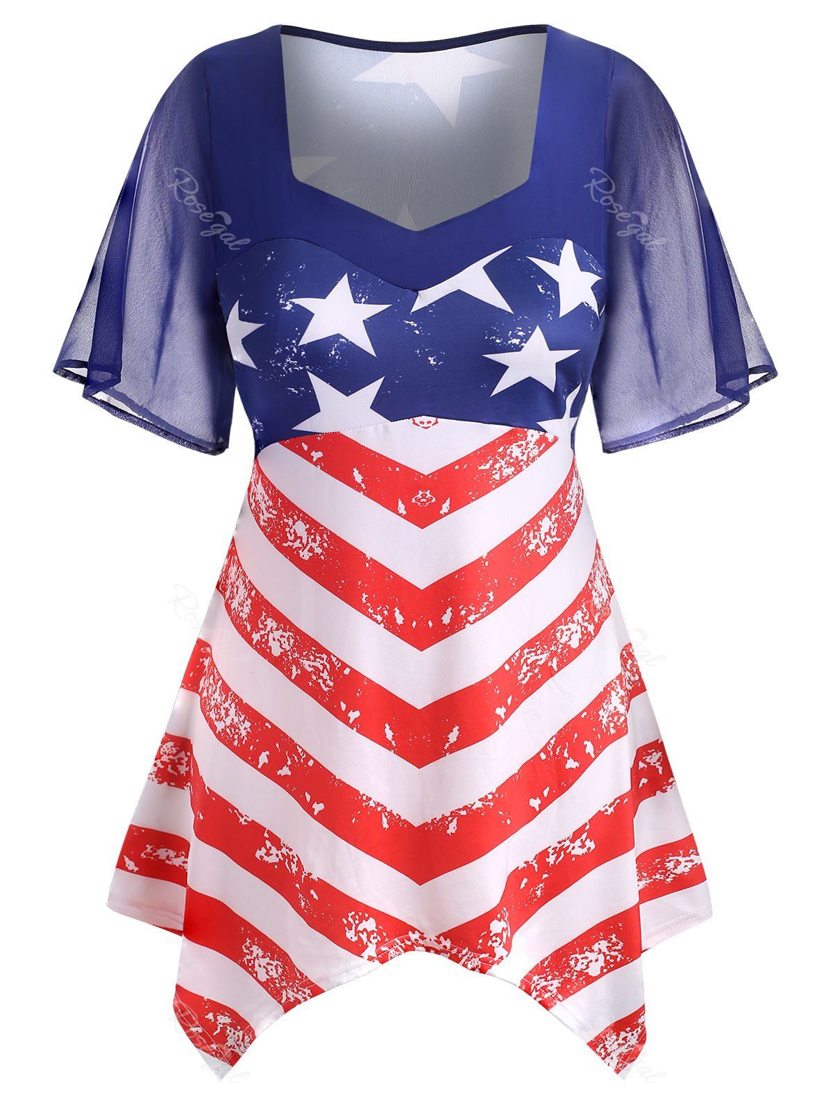 

Plus Size American Flag Asymmetrical T-shirt, Cobalt blue