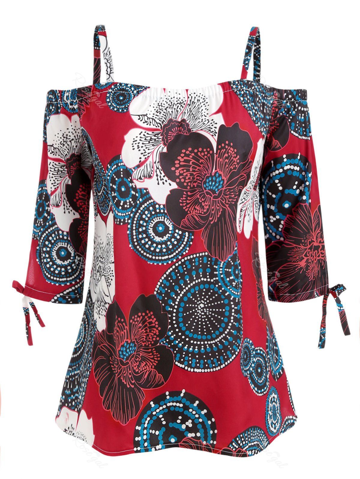 

Plus Size Cold Shoulder Floral Blouse, Cherry red