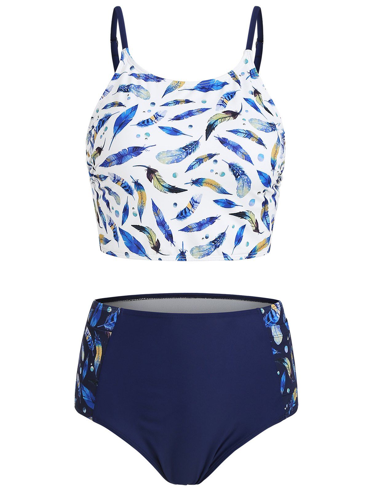 

Feather Print Wire Free Tankini Swimsuit, Navy blue