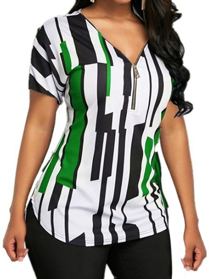 

Piano Key Print Zip Front V Neck Blouse, Jungle green