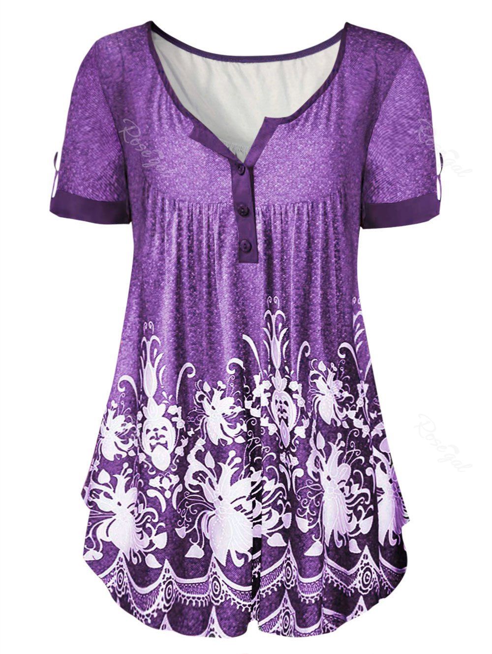

Plus Size Ethnic Print Half Button T-shirt, Medium orchid