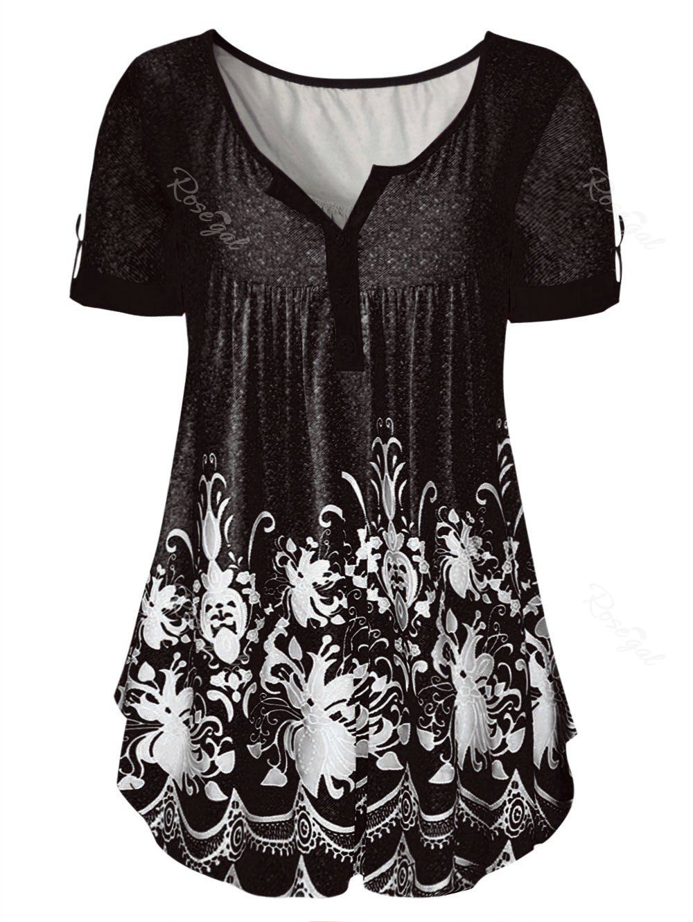Plus Size Ethnic Print Half Button T-shirt, Black
