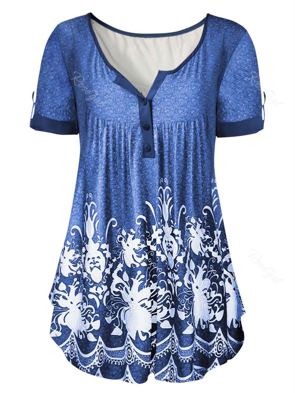 

Plus Size Ethnic Print Half Button T-shirt, Sky blue