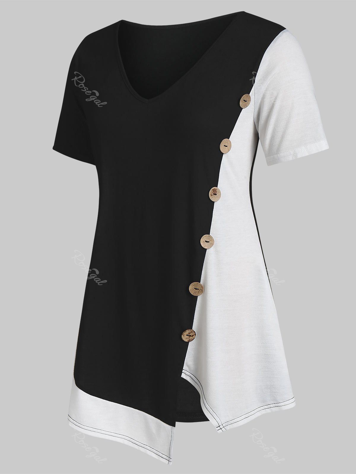 

Plus Size V Neck Two Tone Button T Shirt, Black