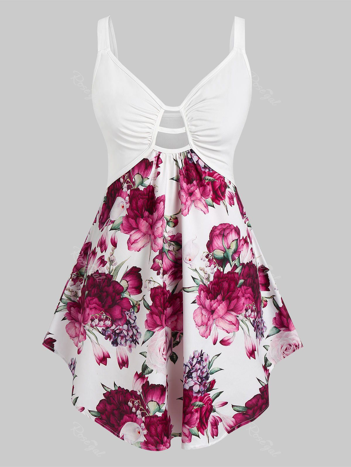 

Plus Size Cut Out Floral Print Asymmetrical Tank Top, White