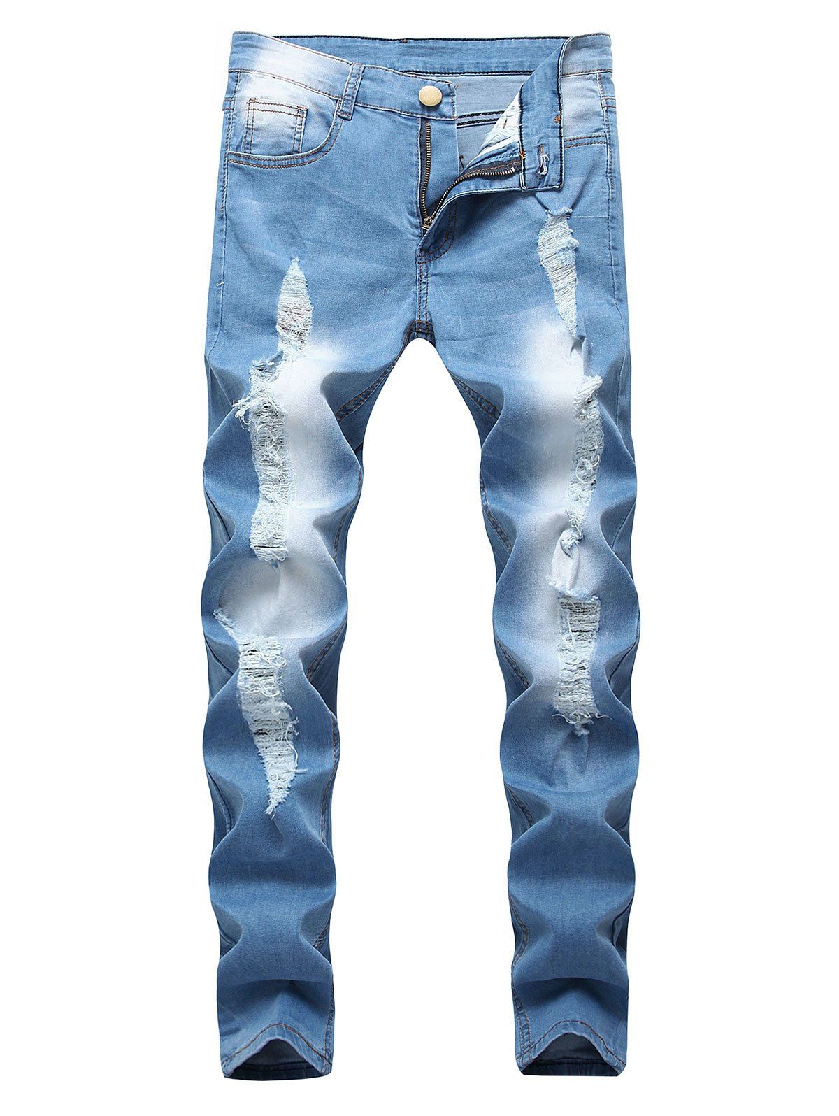 

Zipper Fly Decoration Ripped Casual Jeans, Light blue