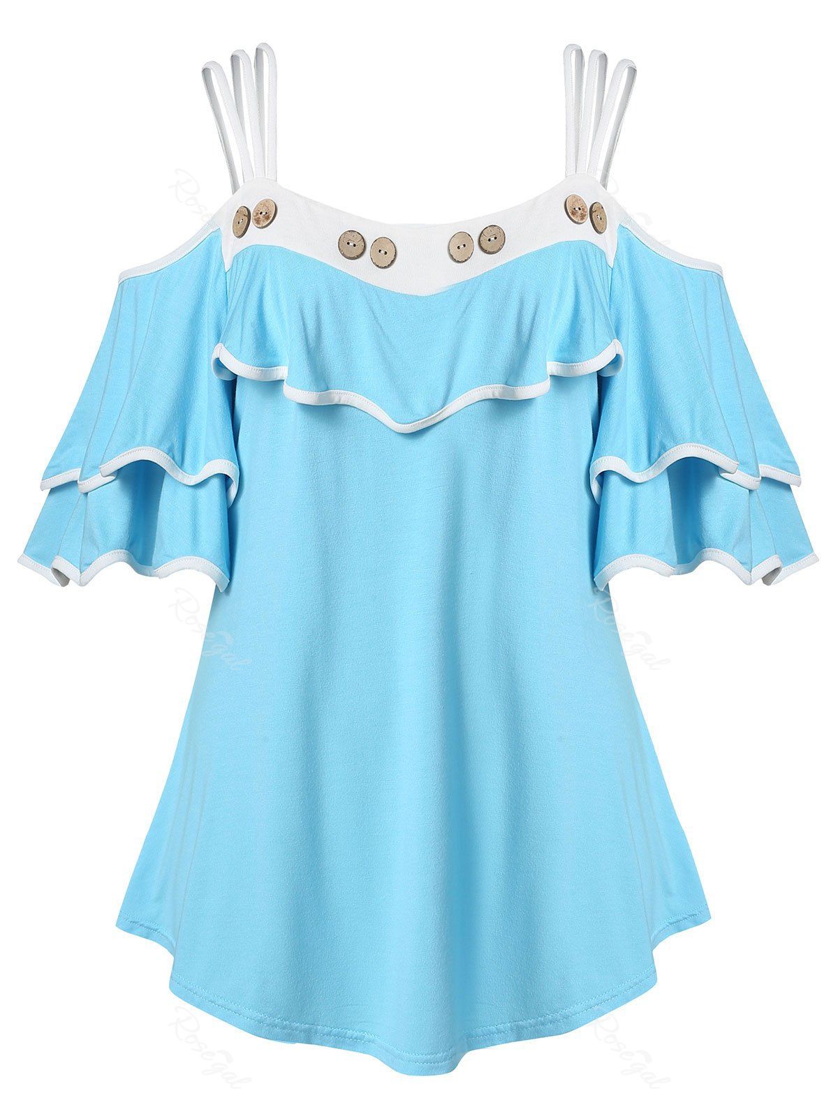 

Plus Size Two Tone Flounce Cold Shoulder T Shirt, Deep sky blue