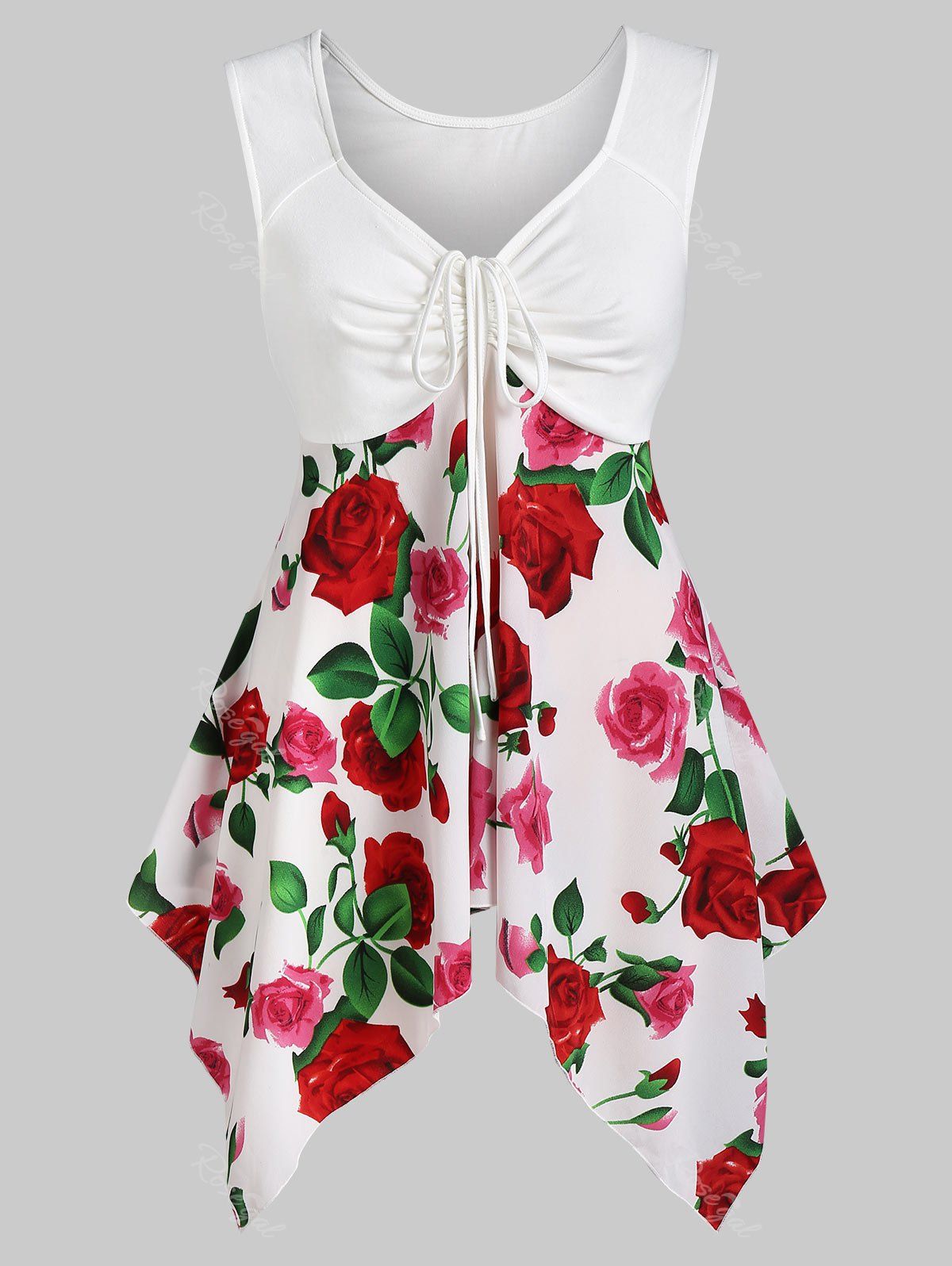 

Plus Size Tie Floral Print Asymmetrical Tank Top, White