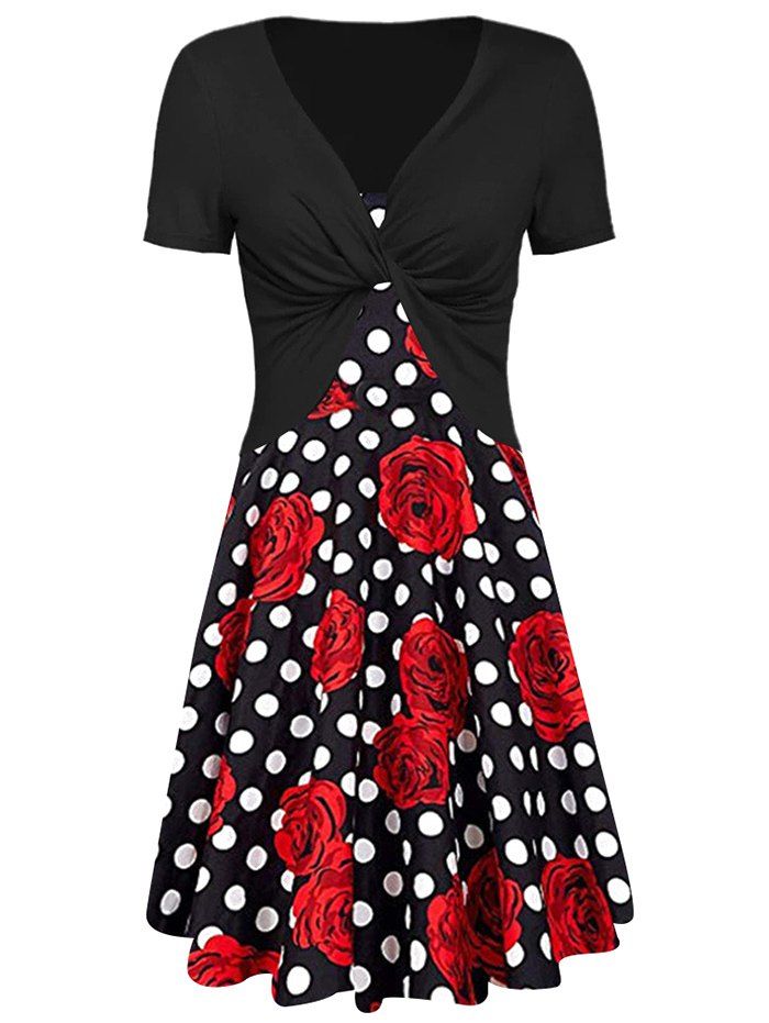 

Floral Print Dotted Dress with Twisted Crop Tee, Black