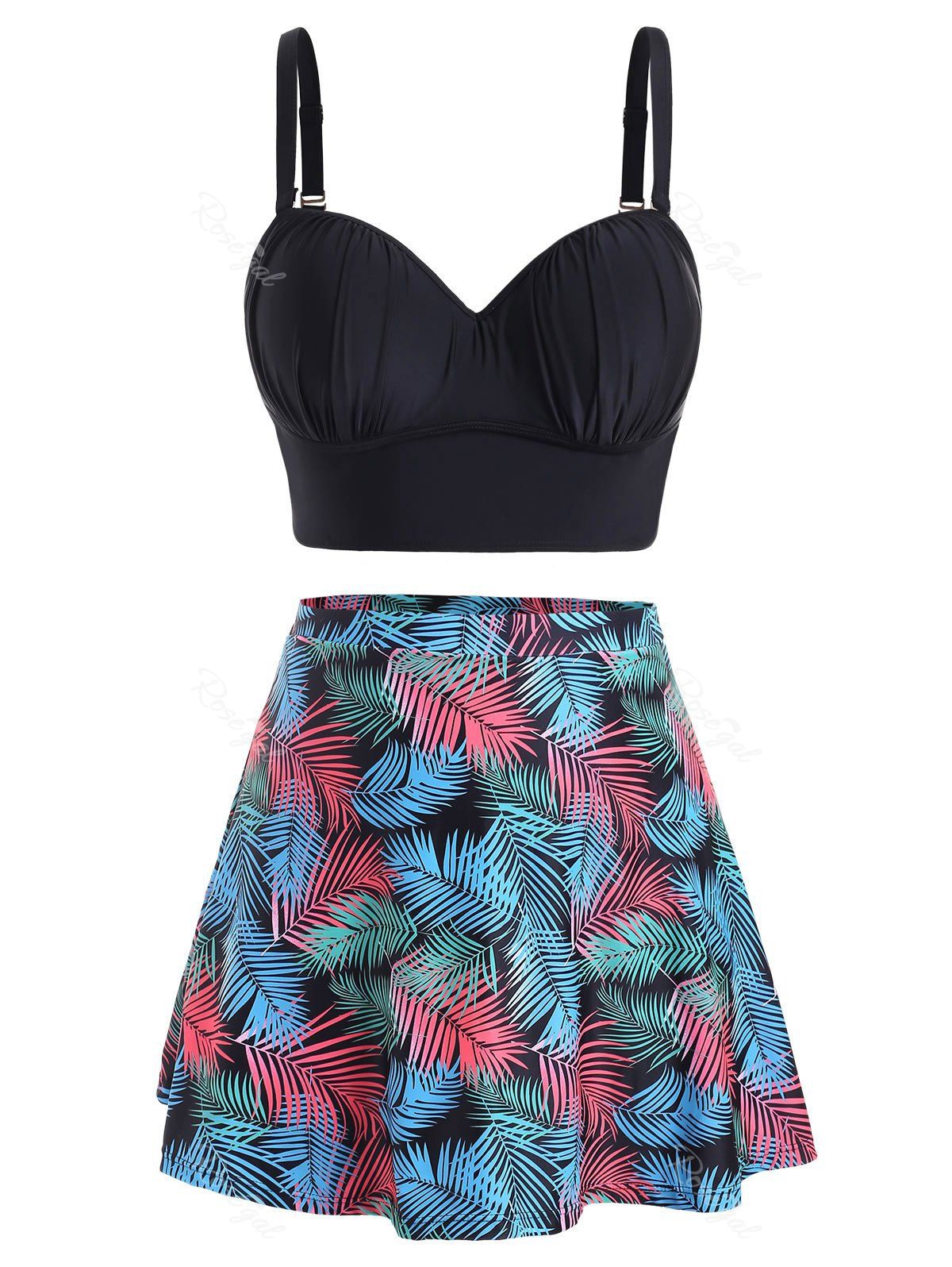 

Ruched Contrast Leaves Print Plus Size Bikini Swimsuit, Black