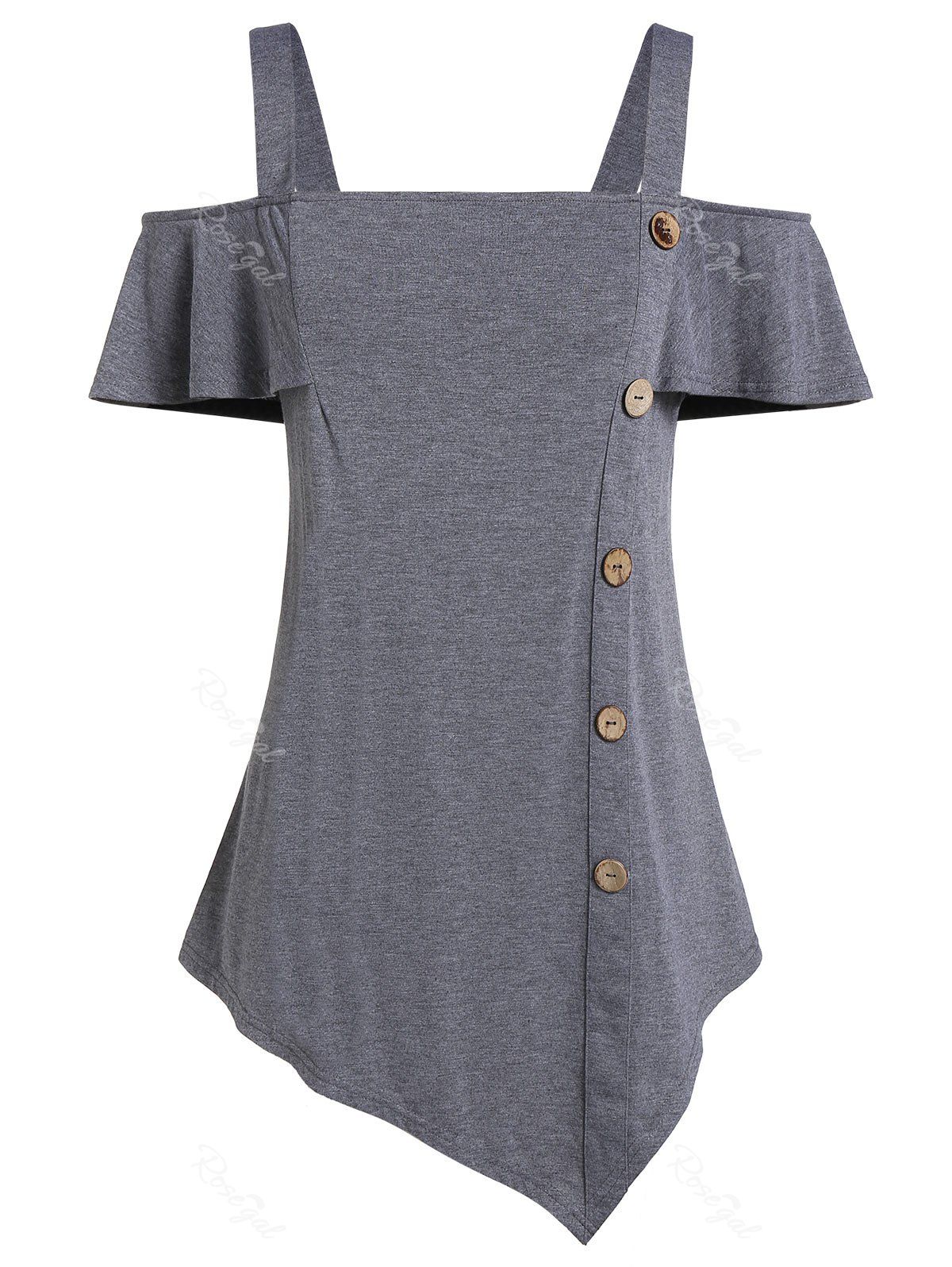 

Plus Size Button Open Shoulder Asymmetric T Shirt, Cloudy gray