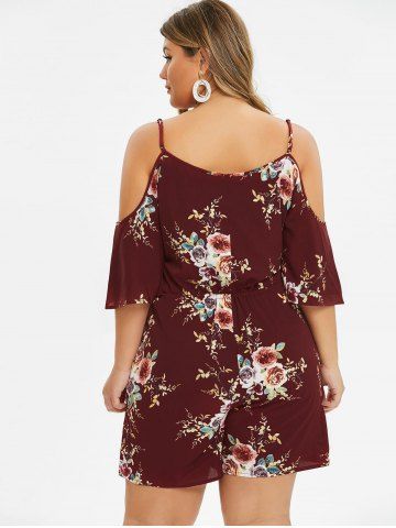 

Plus Size Floral Cold Shoulder Romper, Red wine