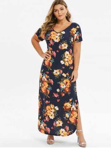 

Seam Pockets Floral Slit Plus Size Dress, Yellow