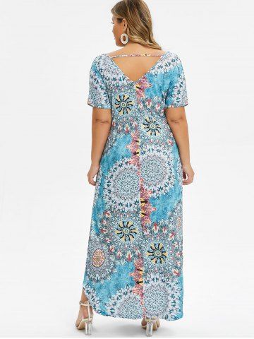 

Seam Pockets Printed Slit Plus Size Dress, Light blue