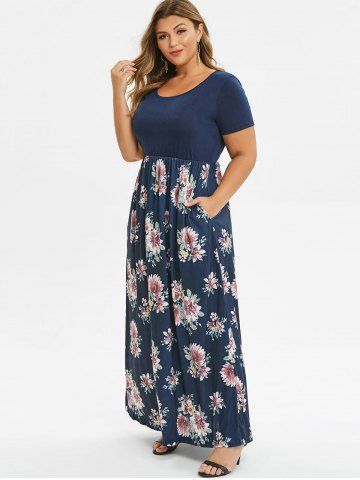 

Contrast Pockets Maxi Floral Plus Size Dress, Blue