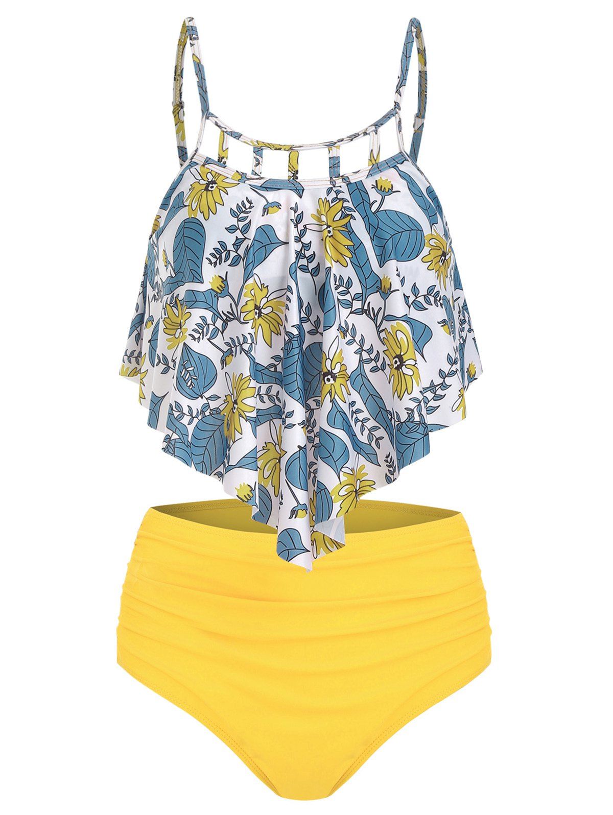 

Floral Print Cut Out Overlay Tankini Set, Yellow