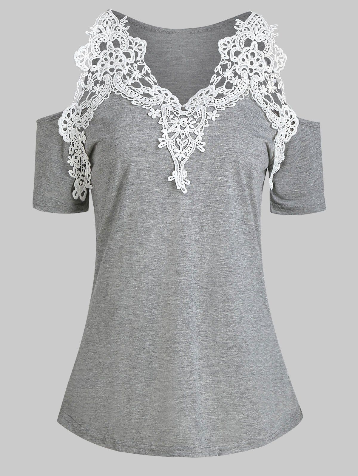 

Crochet Panel Open Shoulder V Neck Top, Gray
