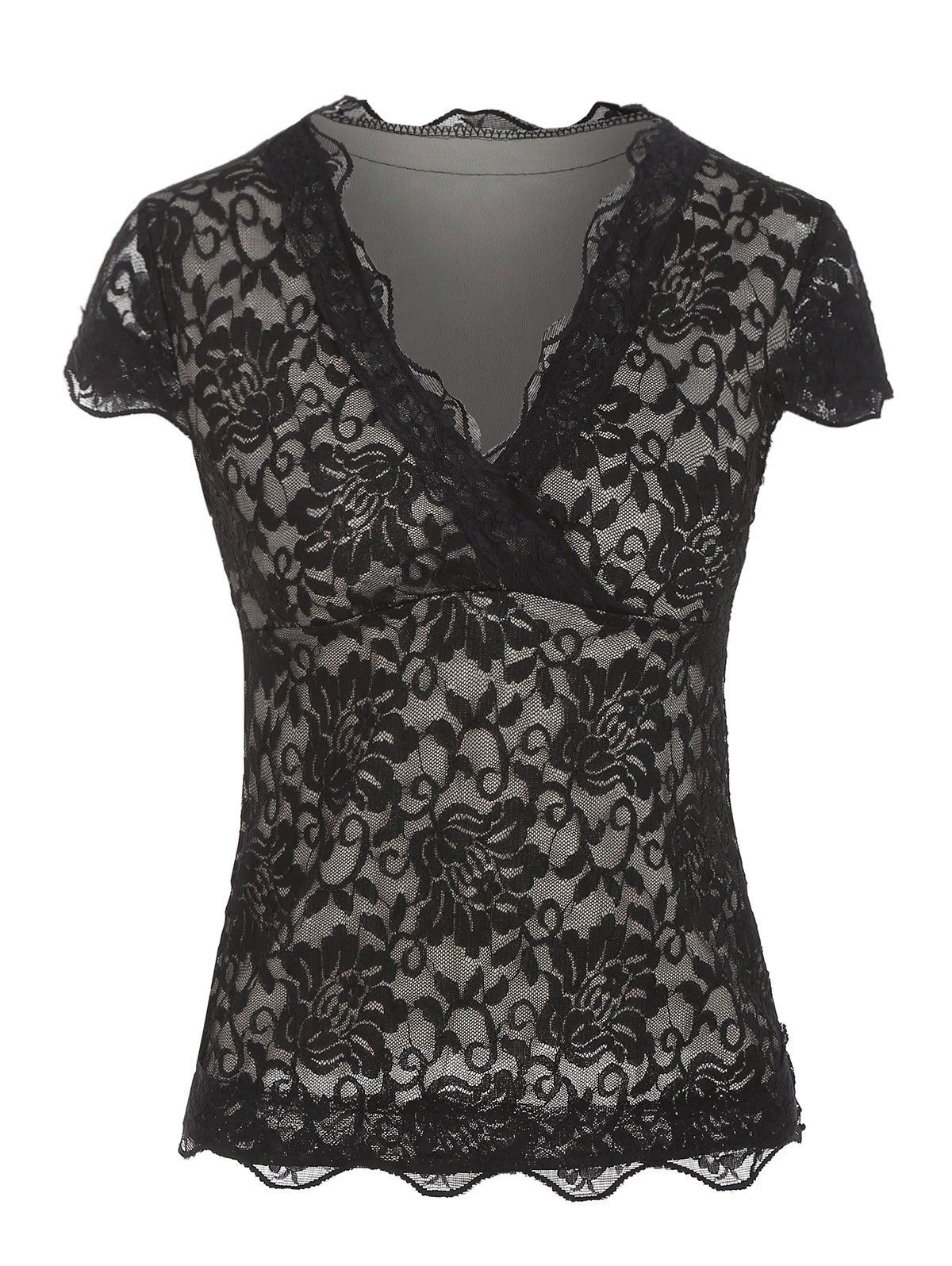 

Scalloped Lace V Neck Blouse, Black