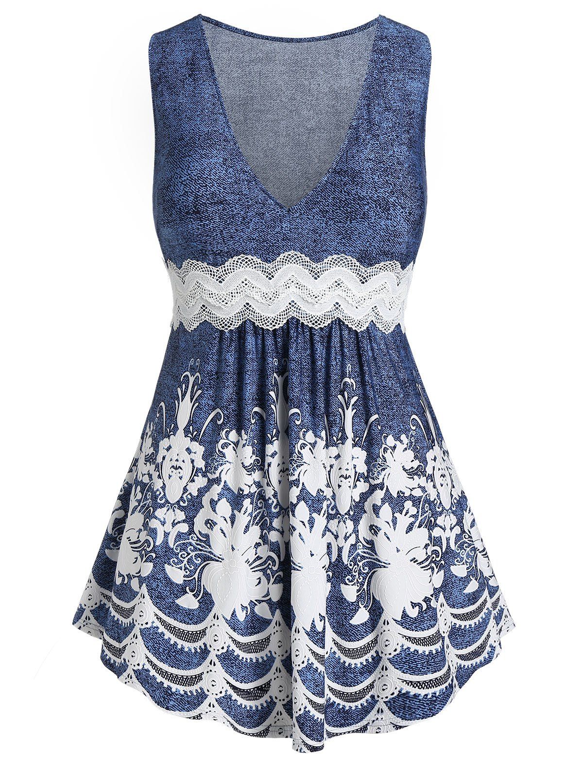 Plus Size Plunging Neck Printed Tank Top, Lapis blue