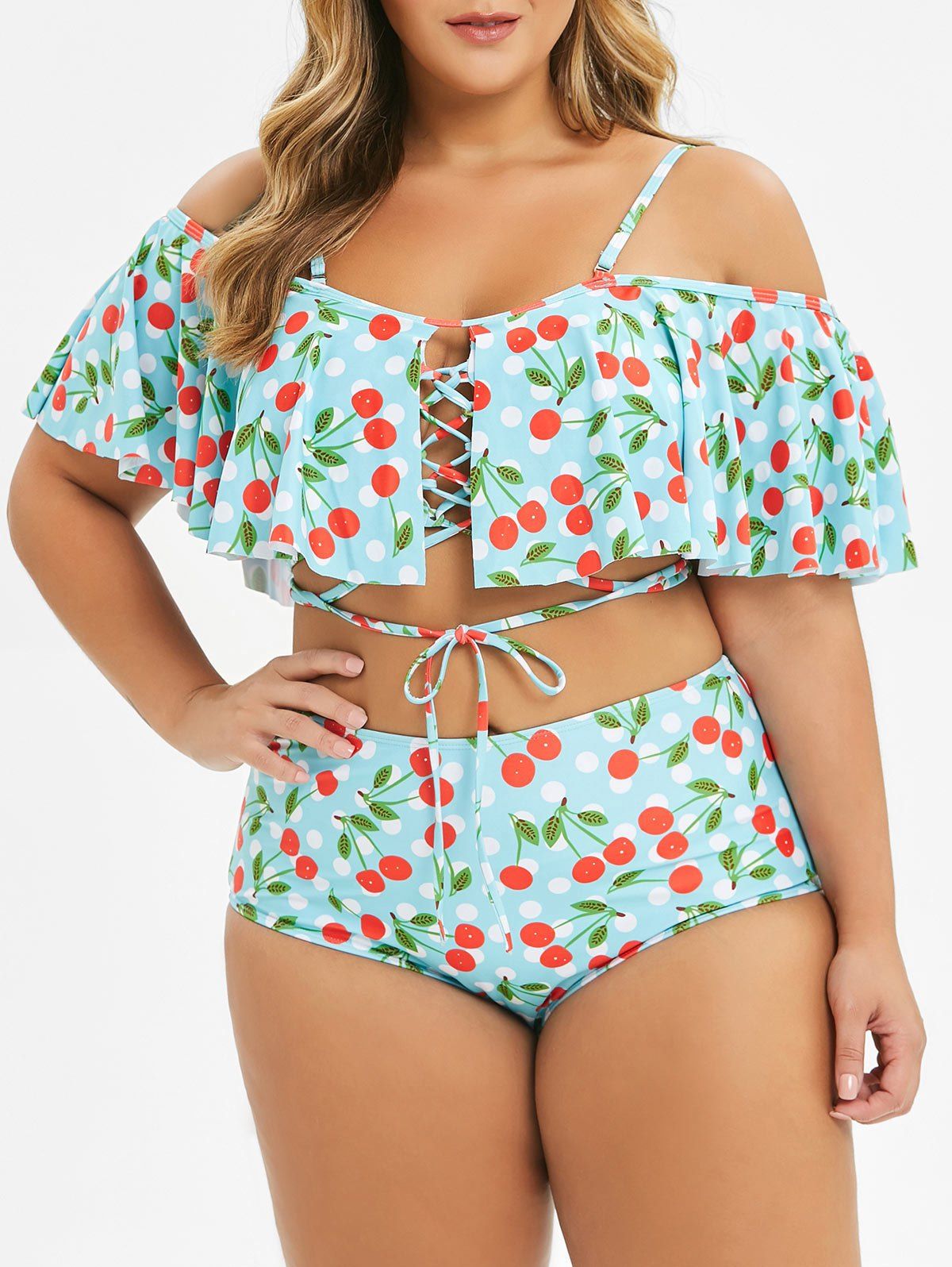 

Plus Size Ruffled Cherry Print Lace Up Tankini Swimsuit, Light aquamarine