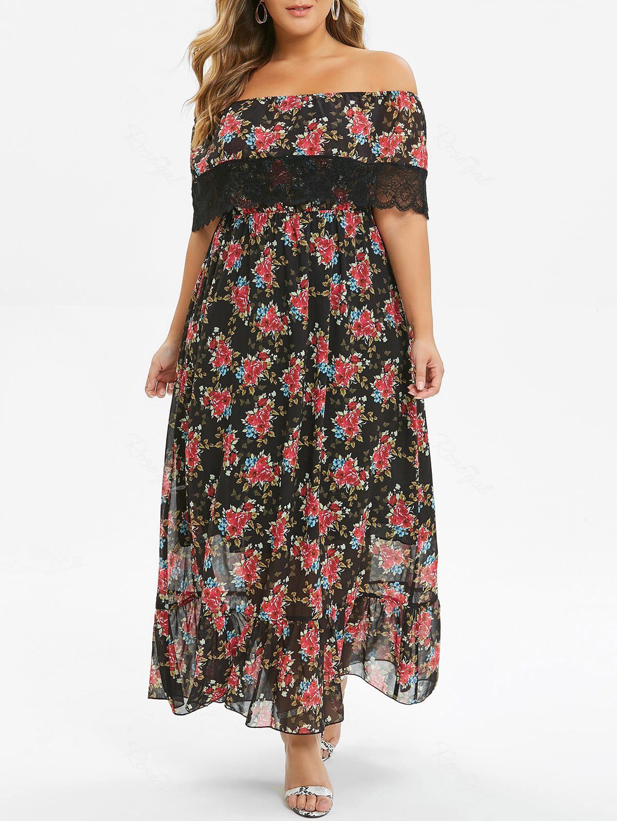 

Plus Size Ruffled Off Shoulder Floral Maxi Dress, Black