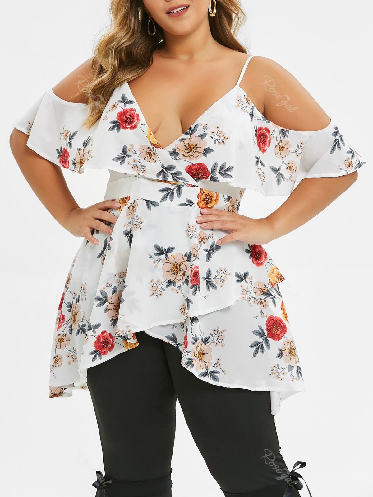 

Plus Size Cold Shoulder Ditsy Print Spaghetti Strap Blouse, Milk white
