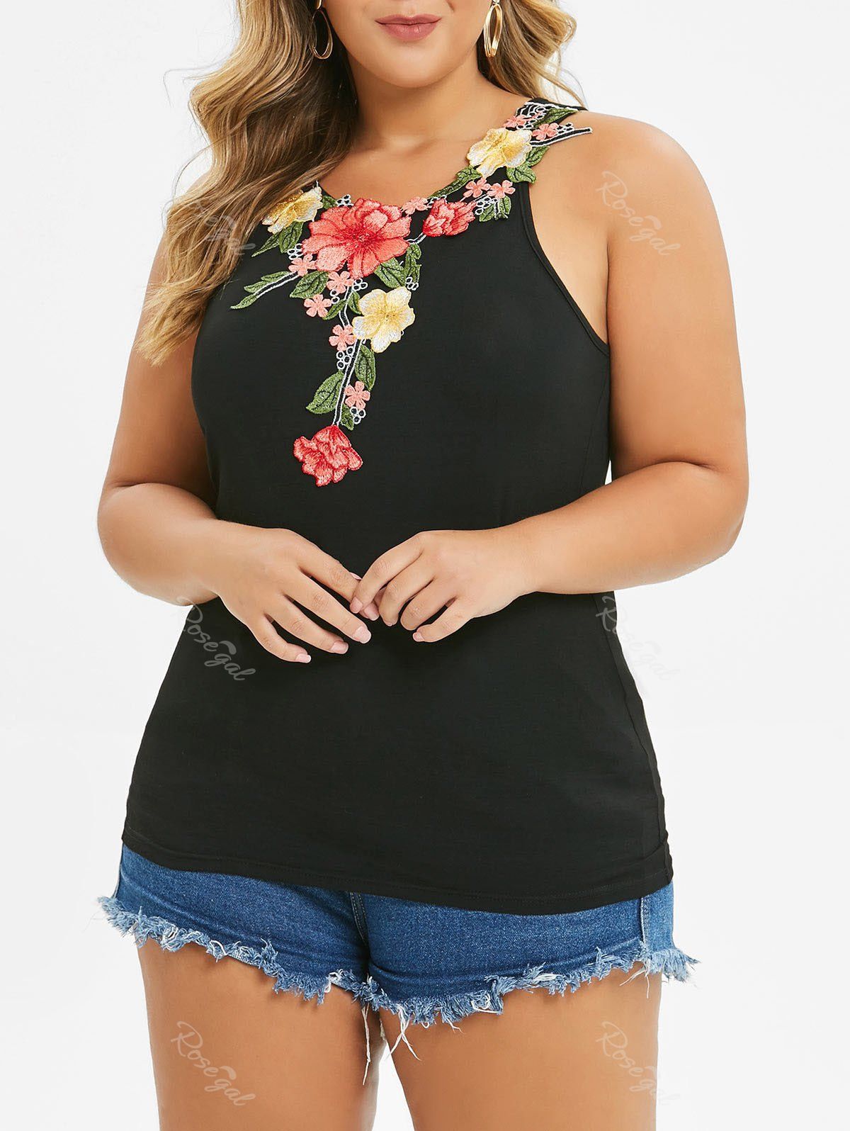 

Plus Size Floral Embroidered Flare Tank Top, Black